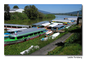 Colorful wooden boats line a walkway along an inlet of Lake Ptzcuaro, awaiting passengers to the lakes islands.
