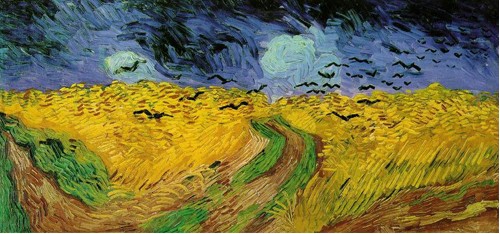 The black and jagged birds in Wheat Field with Crows